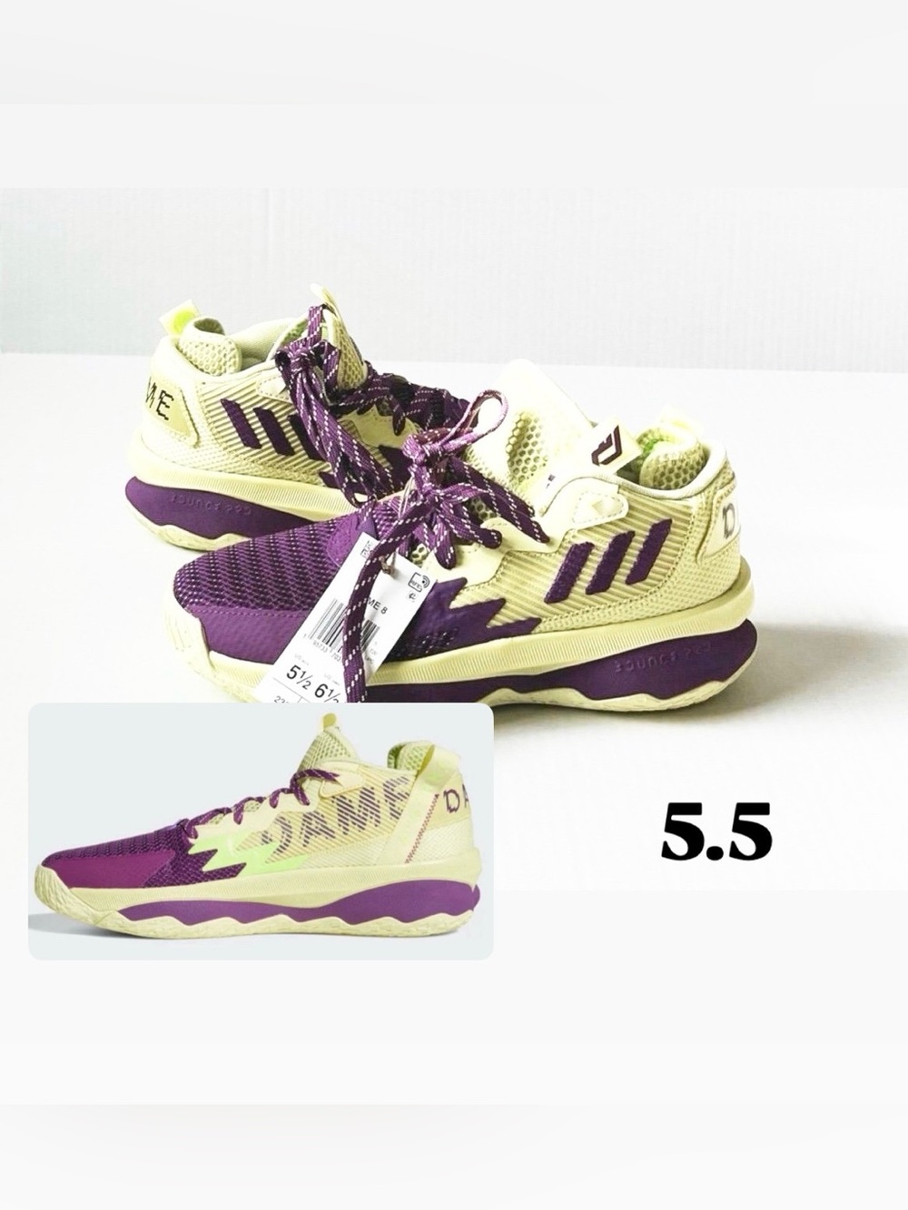 Adidas Dame 8 Yellow Tint / Glory Purple / Signal Green Men’s Size 5.5